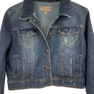Womens Celebrity Pink Denim Jacket Size L Distress Crop Stretch 2350 EUC Dark